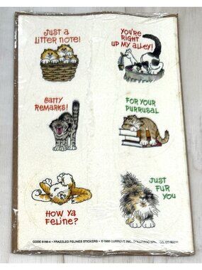 VTG 1986 CURRENT INC Round Frazzled Feline Cat STICKERS 5146-4 NIP NEW *Flaws*